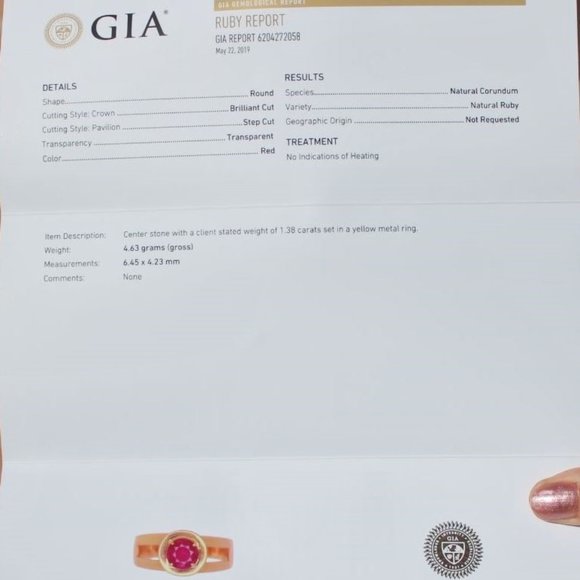 GIA Burmese Ruby 1.38ct Solid 21K Yellow Gold Ring - Picture 4 of 8